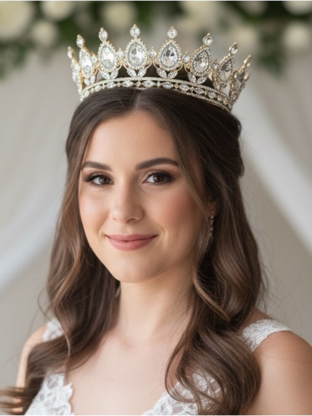Gold Crystal Tiara Crown Regal Bridal Headpiece Read